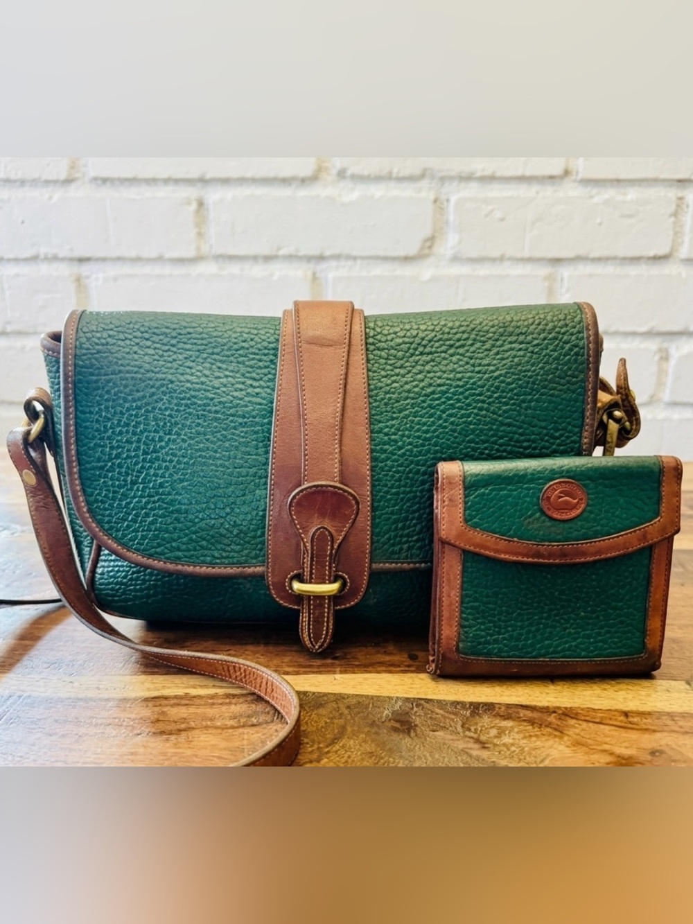 Dooney & Bourke Green Leather Crossbody Bag with Matching Kiss Lock Wallet